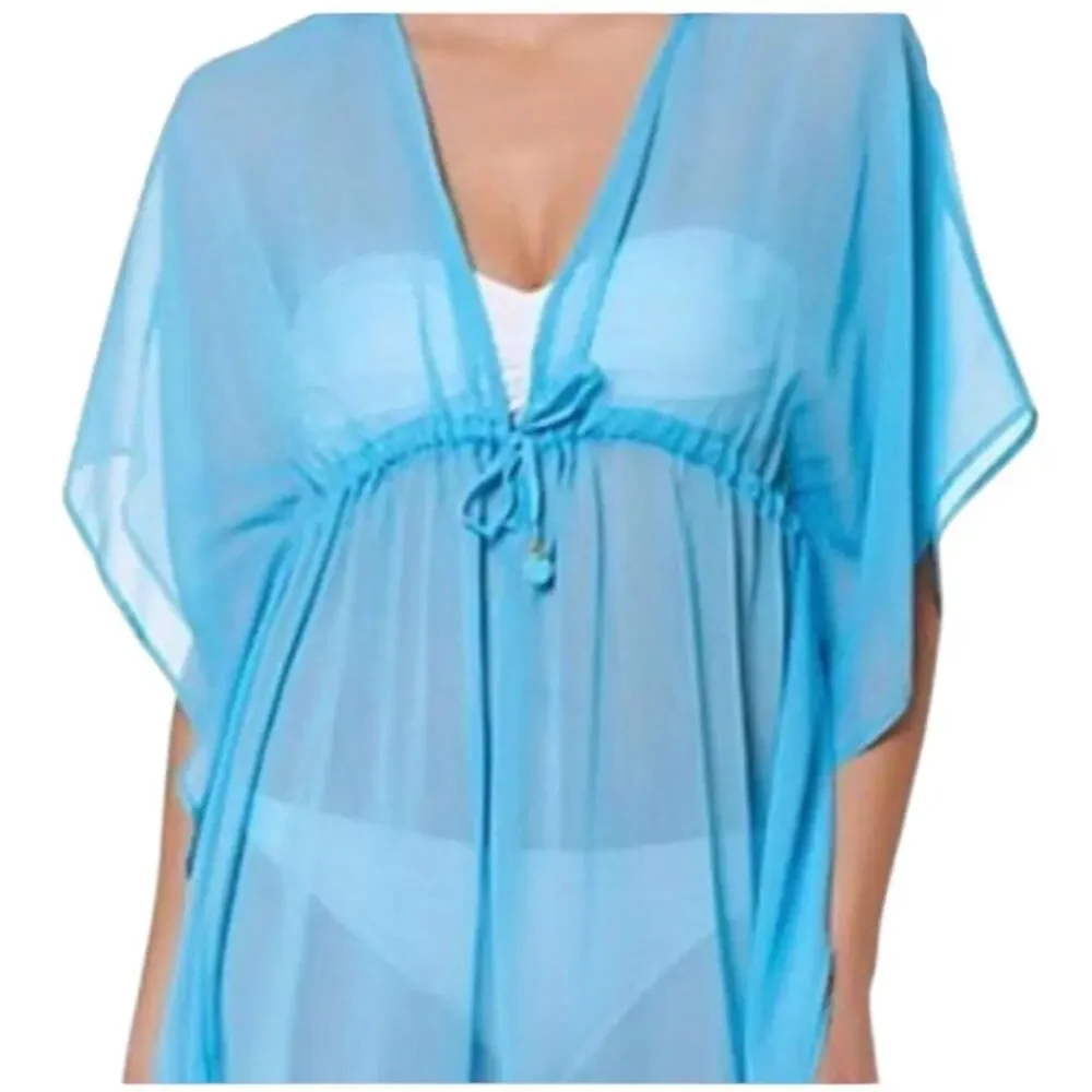 Bleu Pompons Sheer Rod Beattie Womens Mesh Swimsuit Cover-Up Kaftan Size Large